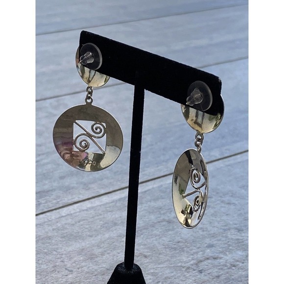 925 SU Sterling Silver Earrings Dangles Drops Vintage Circles Art Deco - Picture 5 of 10